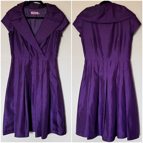 Eliza J Portrait Drape Collar Satin Tea Length Cocktail Gown Dress Purple Sz 8 - Picture 4 of 17